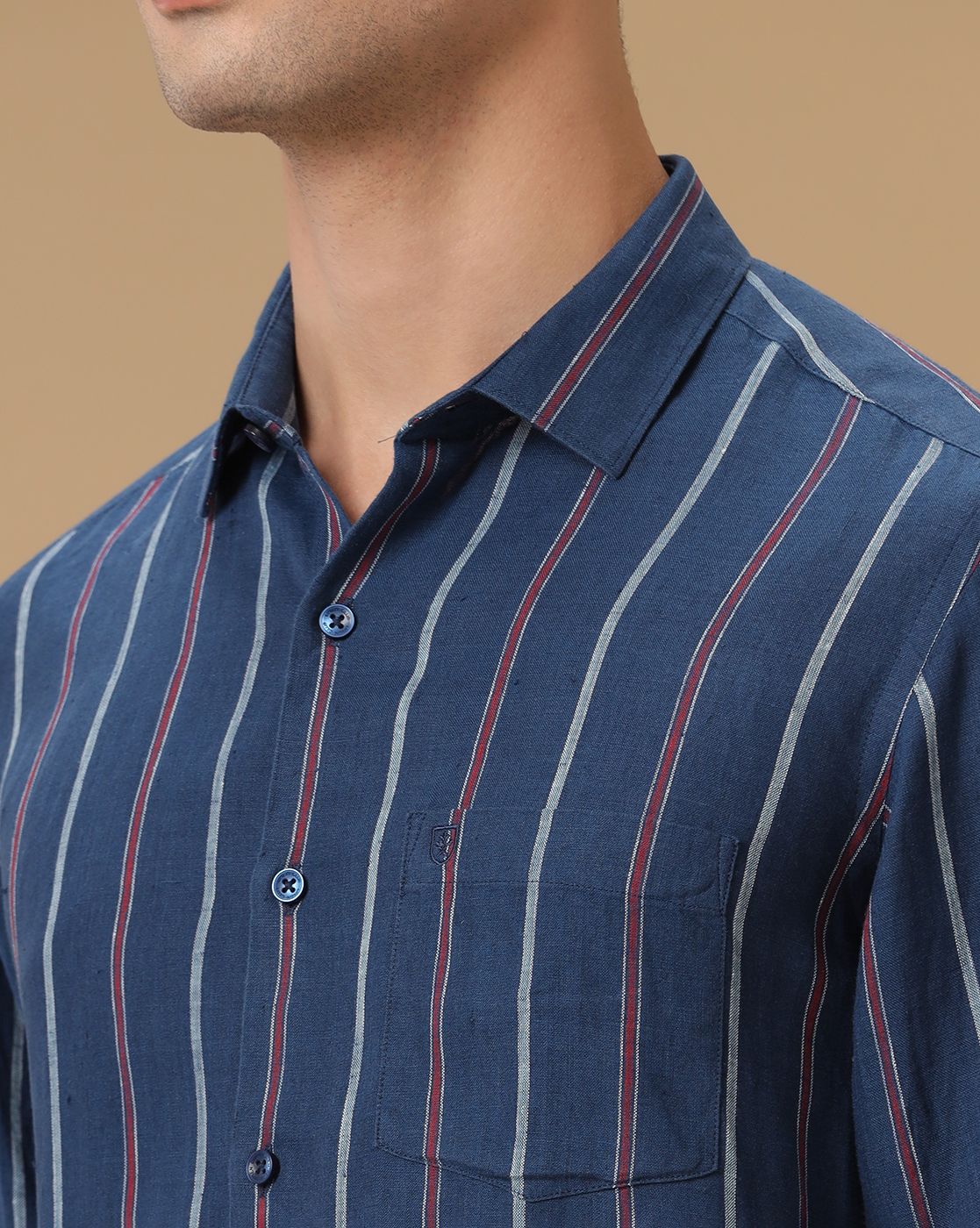 Men's Pure Linen Navy Striped Contemporary Fit Full Sleeve Casual Shirt