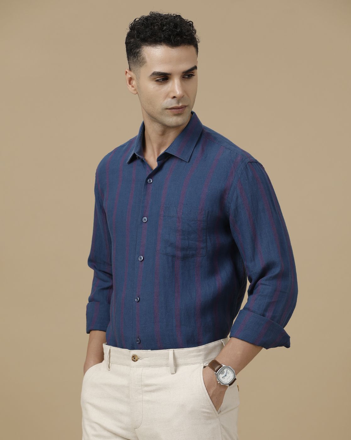 Linen Club Men's Pure Linen Blue Striped Contemporary Fit Full Sleeve Casual Shirt