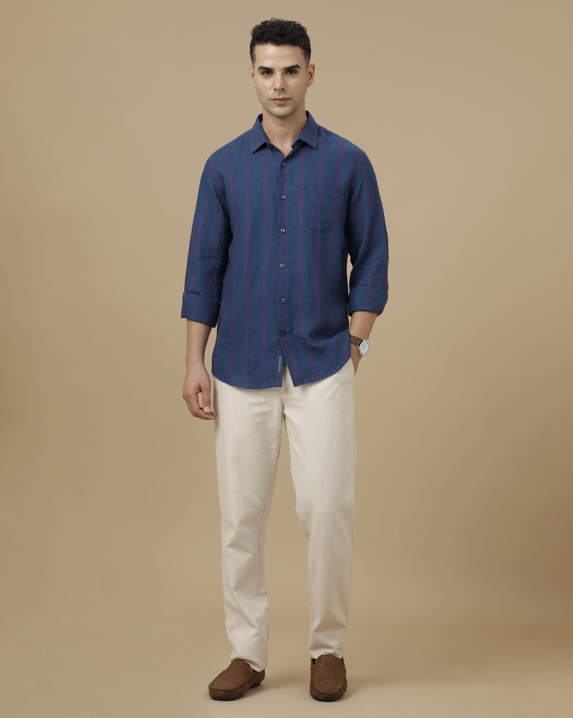 Linen Club Men's Pure Linen Blue Striped Contemporary Fit Full Sleeve Casual Shirt