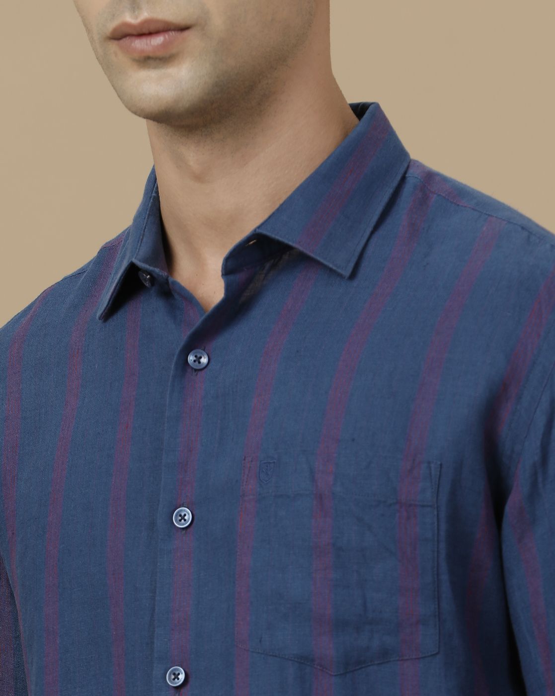Linen Club Men's Pure Linen Blue Striped Contemporary Fit Full Sleeve Casual Shirt