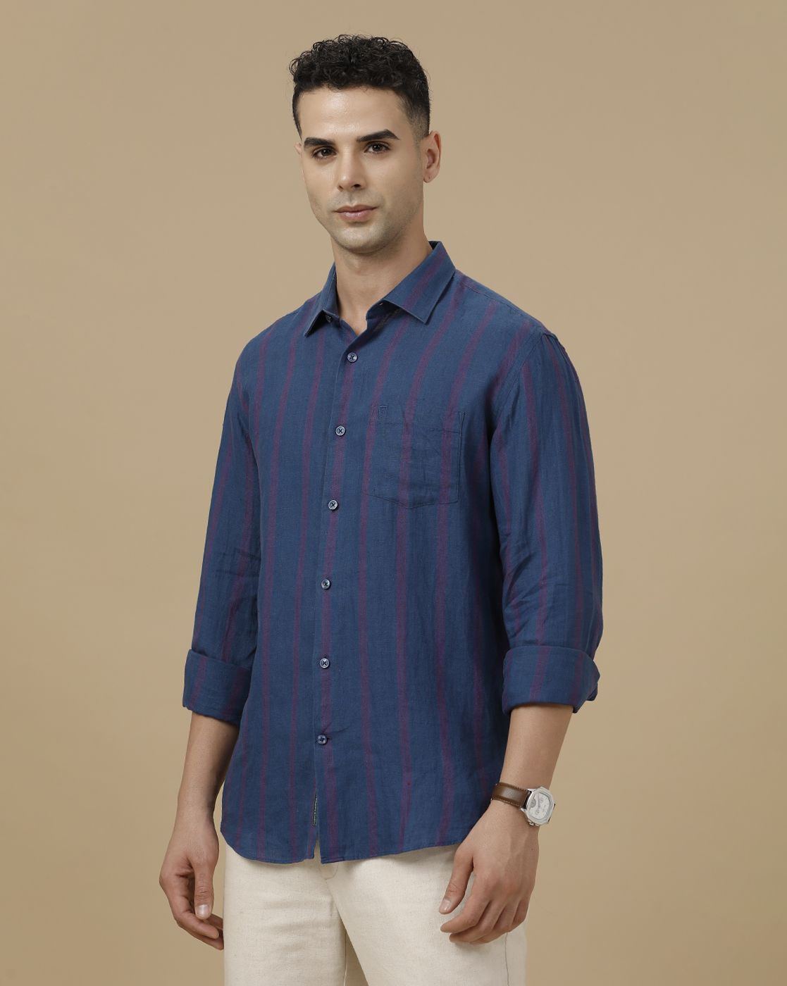 Linen Club Men's Pure Linen Blue Striped Contemporary Fit Full Sleeve Casual Shirt