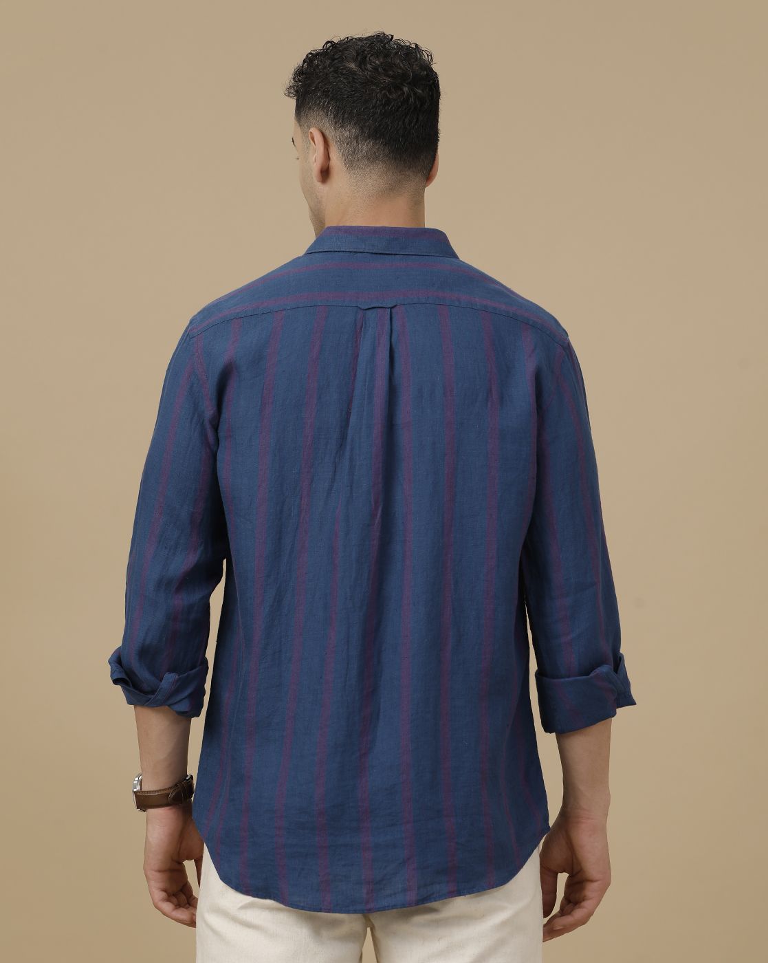 Linen Club Men's Pure Linen Blue Striped Contemporary Fit Full Sleeve Casual Shirt