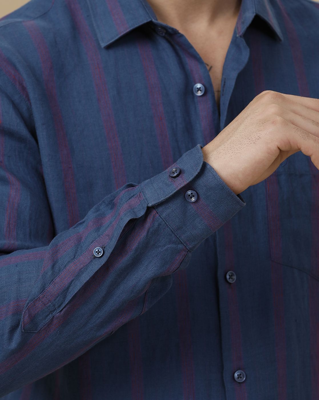 Linen Club Men's Pure Linen Blue Striped Contemporary Fit Full Sleeve Casual Shirt