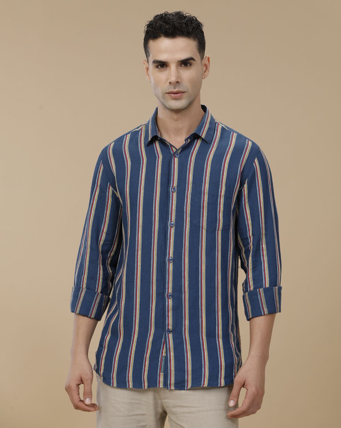 Linen Club Men's Pure Linen Blue Striped Contemporary Fit Full Sleeve Casual Shirt