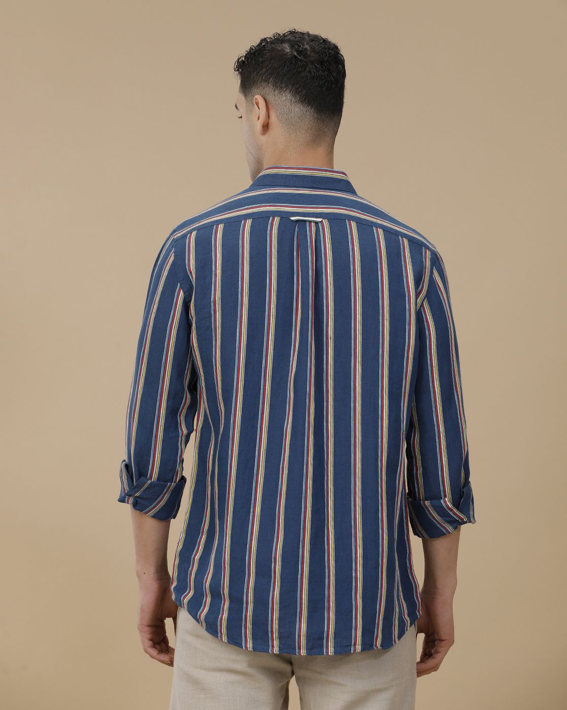 Linen Club Men's Pure Linen Blue Striped Contemporary Fit Full Sleeve Casual Shirt