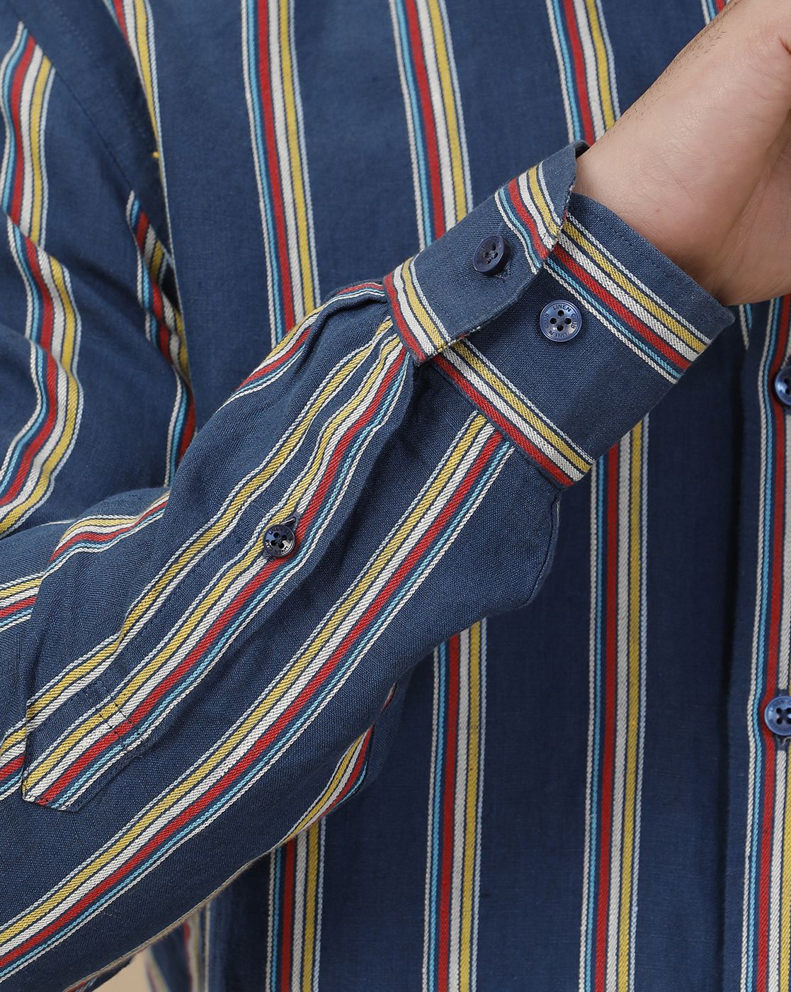 Linen Club Men's Pure Linen Blue Striped Contemporary Fit Full Sleeve Casual Shirt