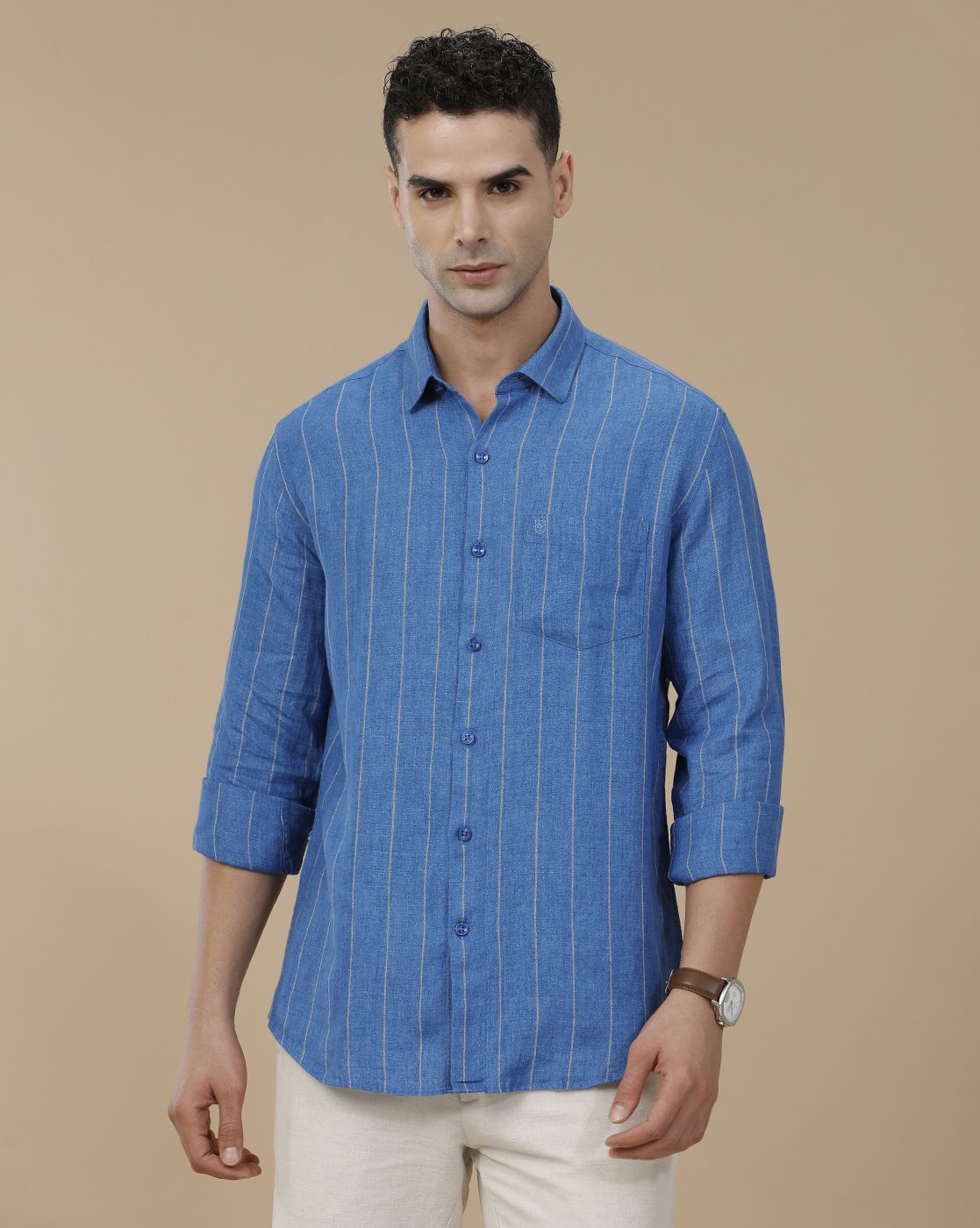 Linen Club Men's Pure Linen Blue Striped Contemporary Fit Full Sleeve Casual Shirt