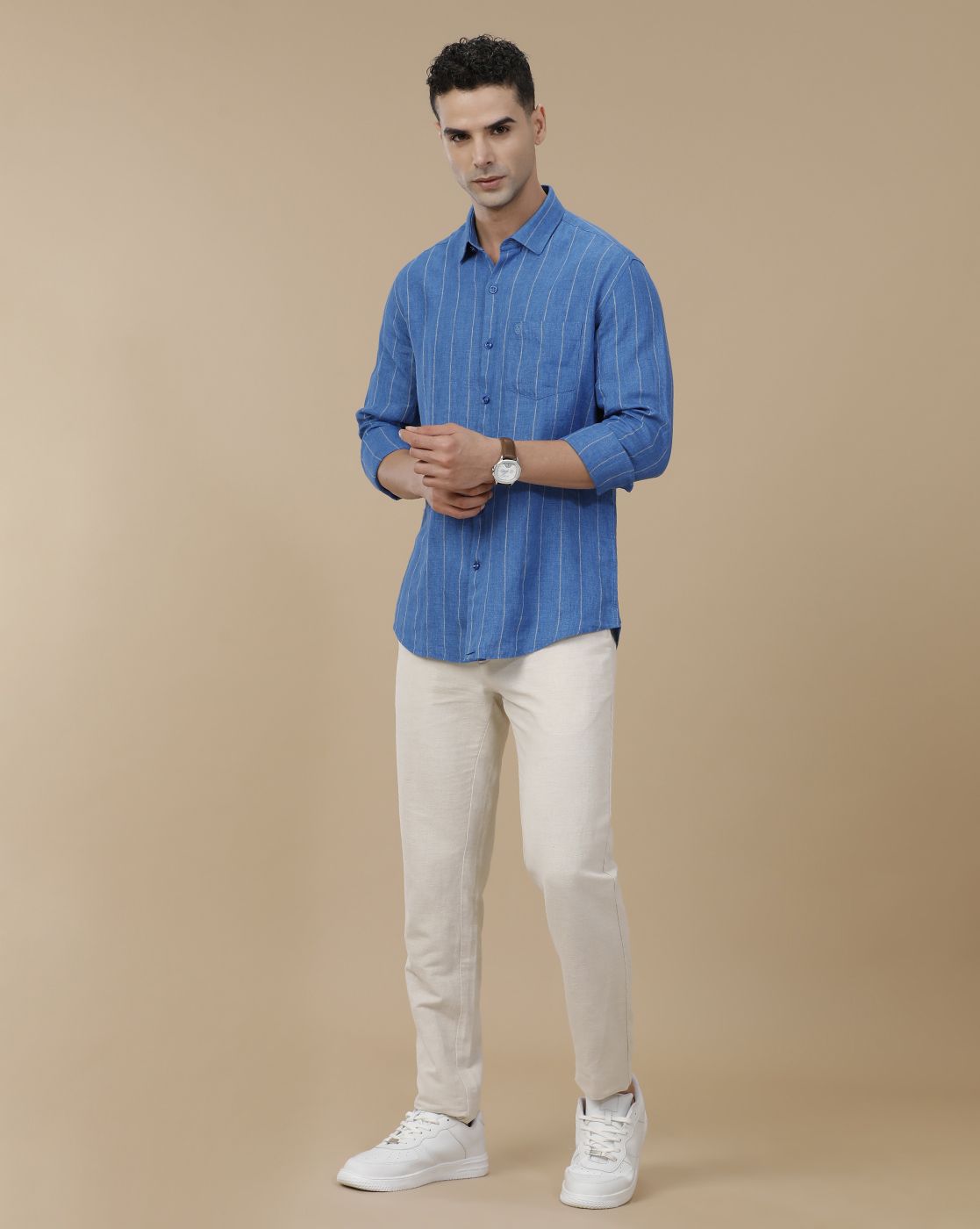 Linen Club Men's Pure Linen Blue Striped Contemporary Fit Full Sleeve Casual Shirt