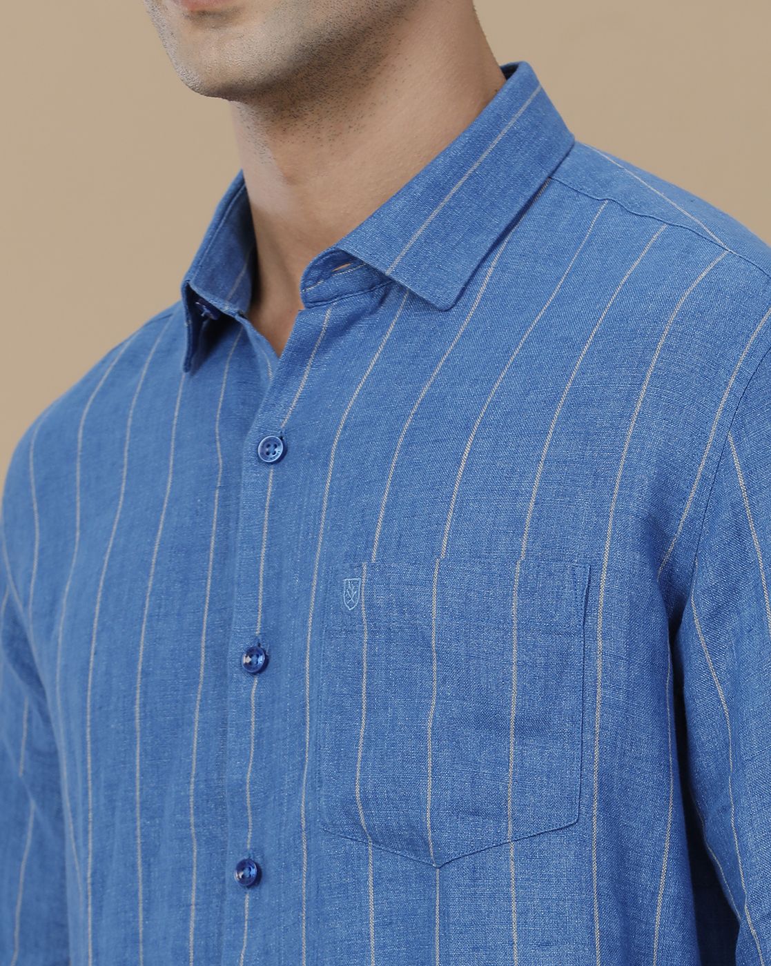 Linen Club Men's Pure Linen Blue Striped Contemporary Fit Full Sleeve Casual Shirt
