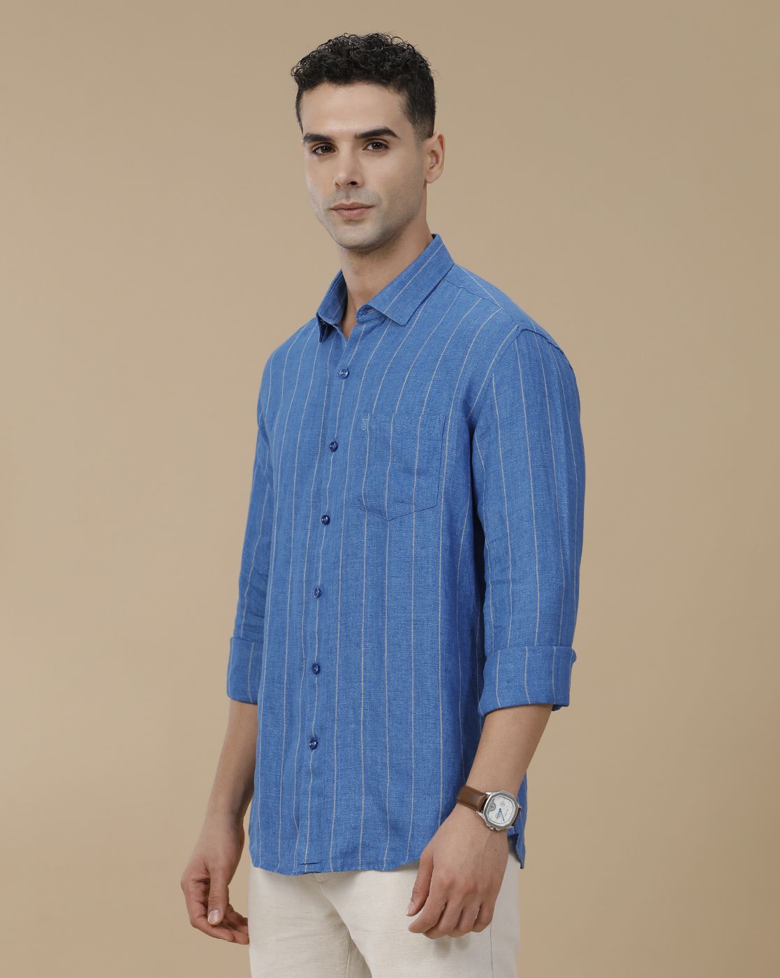 Linen Club Men's Pure Linen Blue Striped Contemporary Fit Full Sleeve Casual Shirt