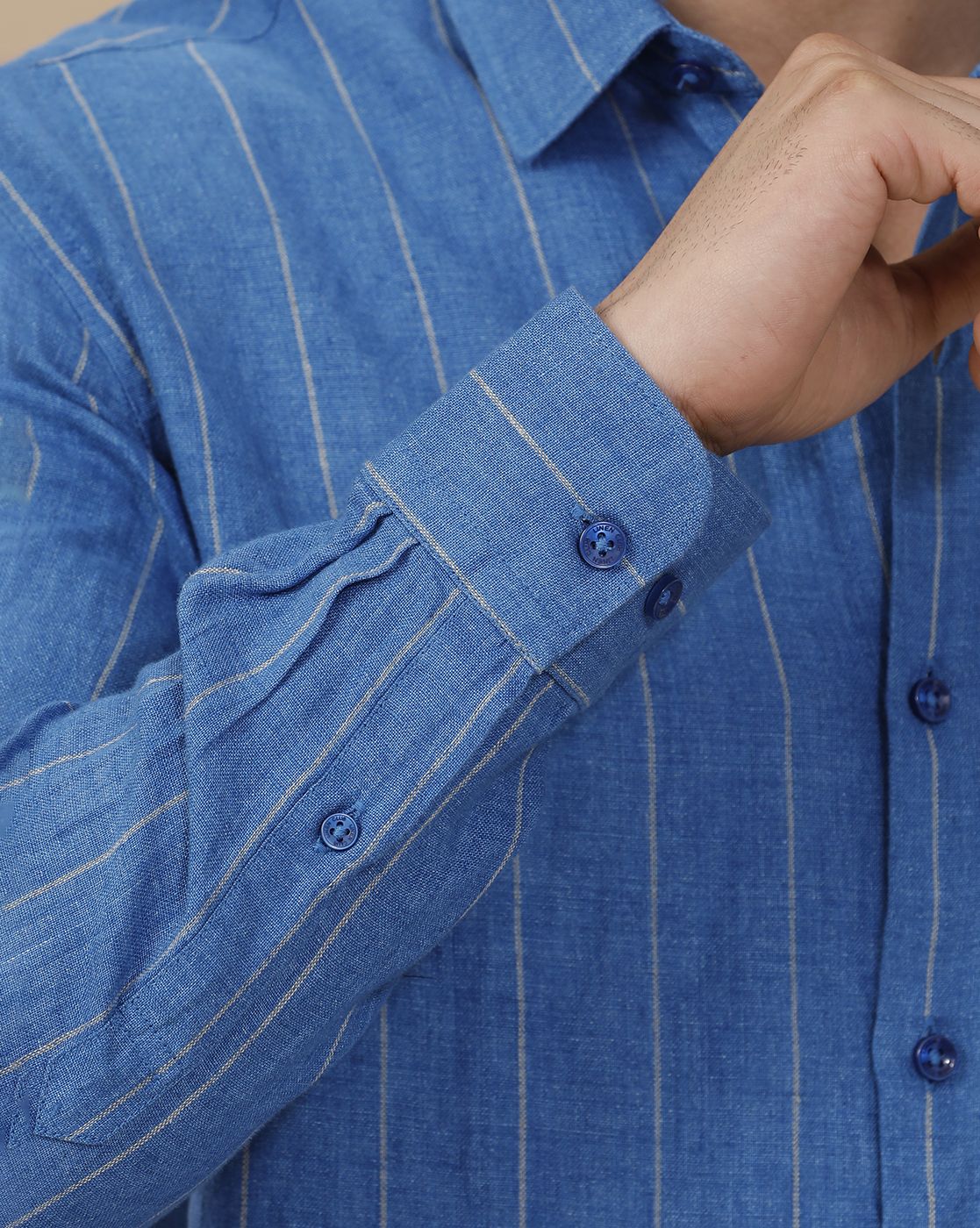 Linen Club Men's Pure Linen Blue Striped Contemporary Fit Full Sleeve Casual Shirt