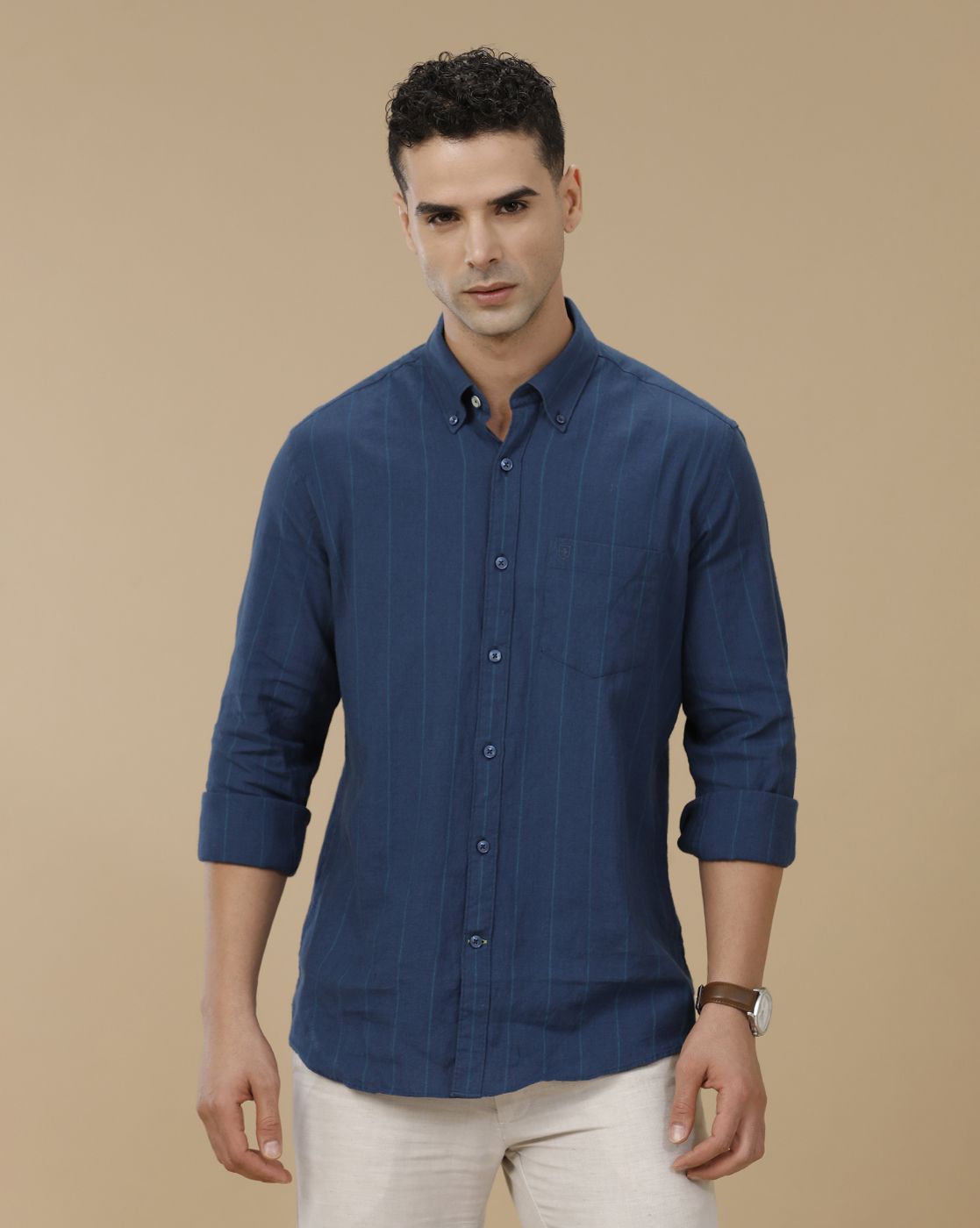 Linen Club Men's Linen Rich Blue Striped Contemporary Fit Full Sleeve Casual Shirt