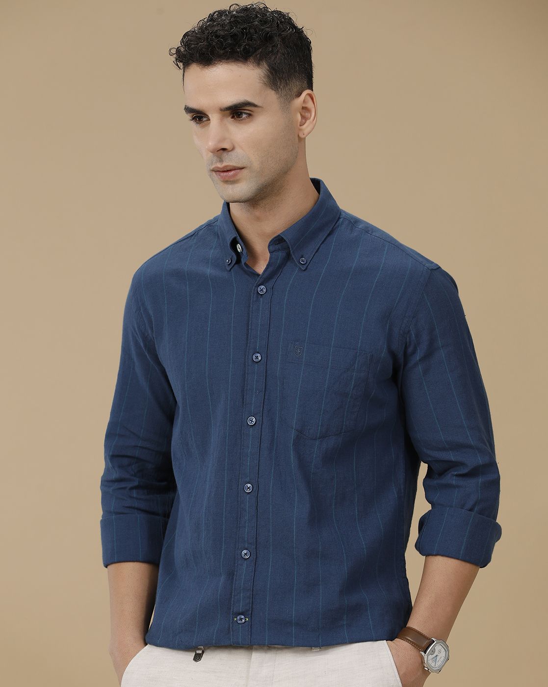 Linen Club Men's Linen Rich Blue Striped Contemporary Fit Full Sleeve Casual Shirt