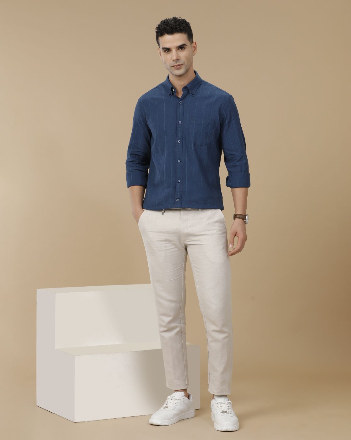 Linen Club Men's Linen Rich Blue Striped Contemporary Fit Full Sleeve Casual Shirt