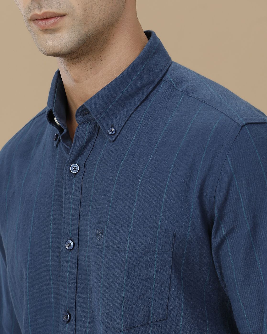 Linen Club Men's Linen Rich Blue Striped Contemporary Fit Full Sleeve Casual Shirt