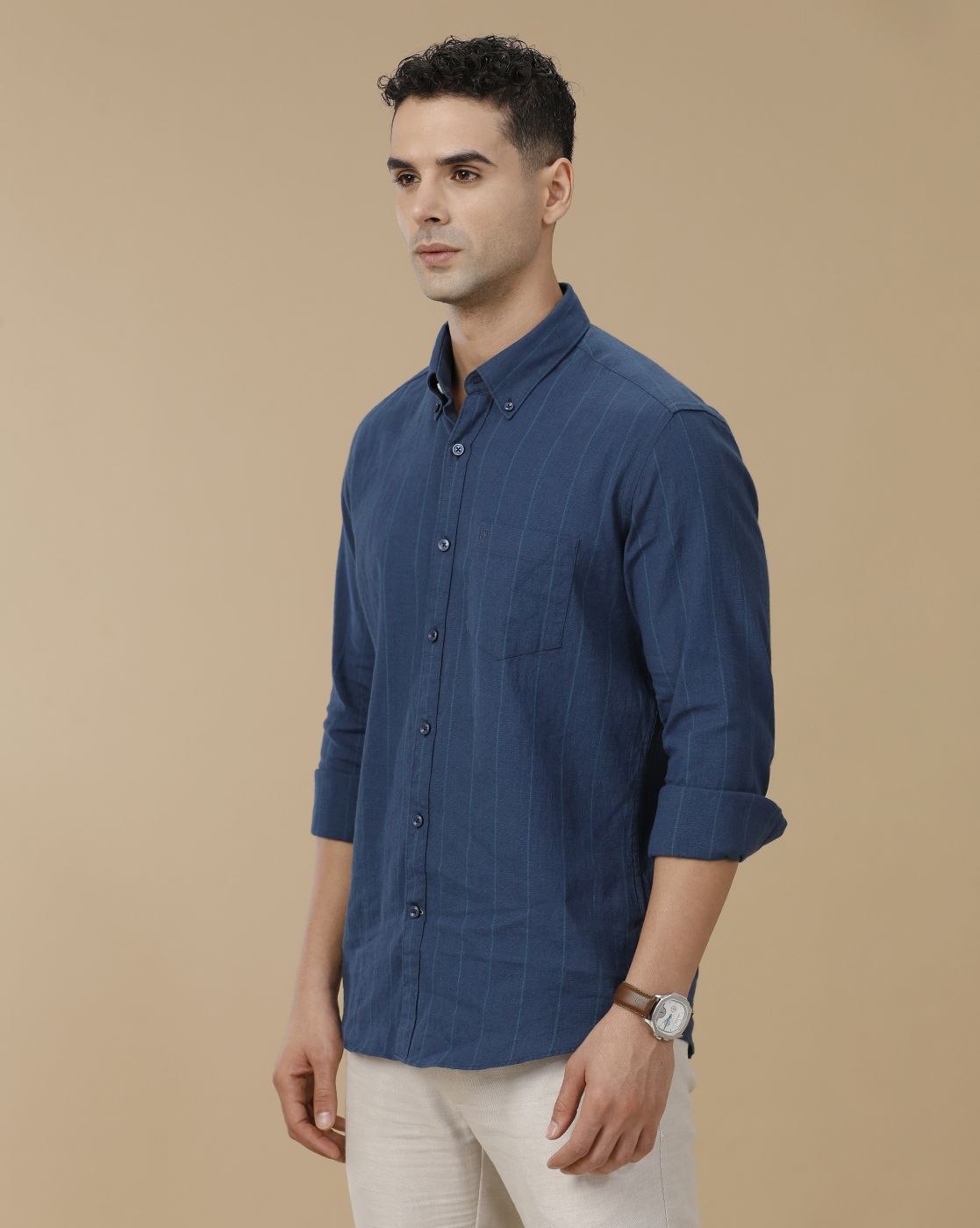 Linen Club Men's Linen Rich Blue Striped Contemporary Fit Full Sleeve Casual Shirt