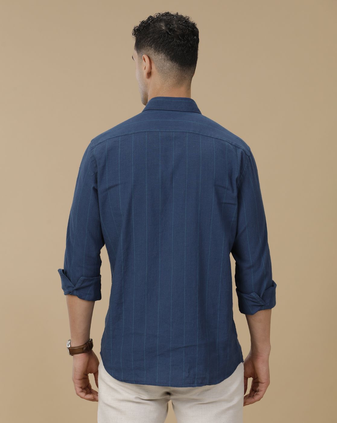 Linen Club Men's Linen Rich Blue Striped Contemporary Fit Full Sleeve Casual Shirt