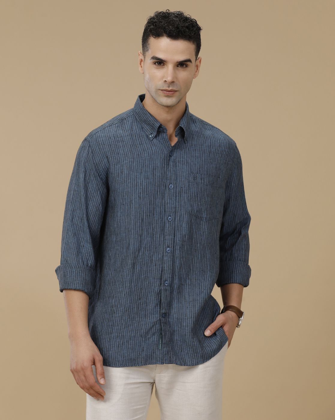 Linen Club Men's Pure Linen Blue Striped Contemporary Fit Full Sleeve Casual Shirt