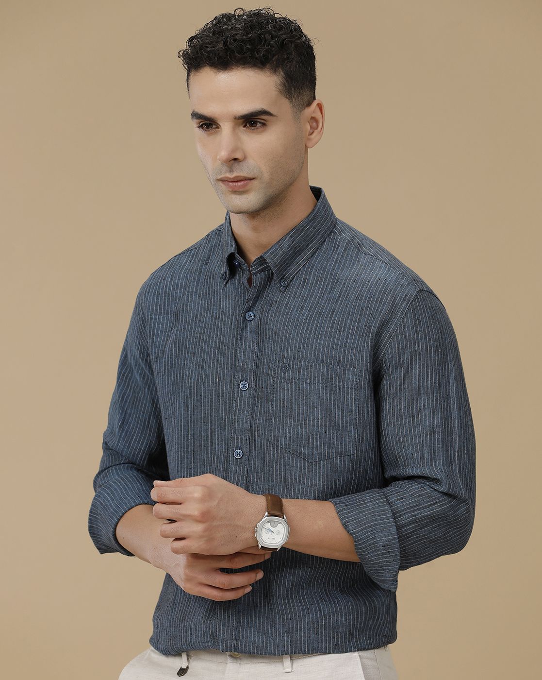 Linen Club Men's Pure Linen Blue Striped Contemporary Fit Full Sleeve Casual Shirt