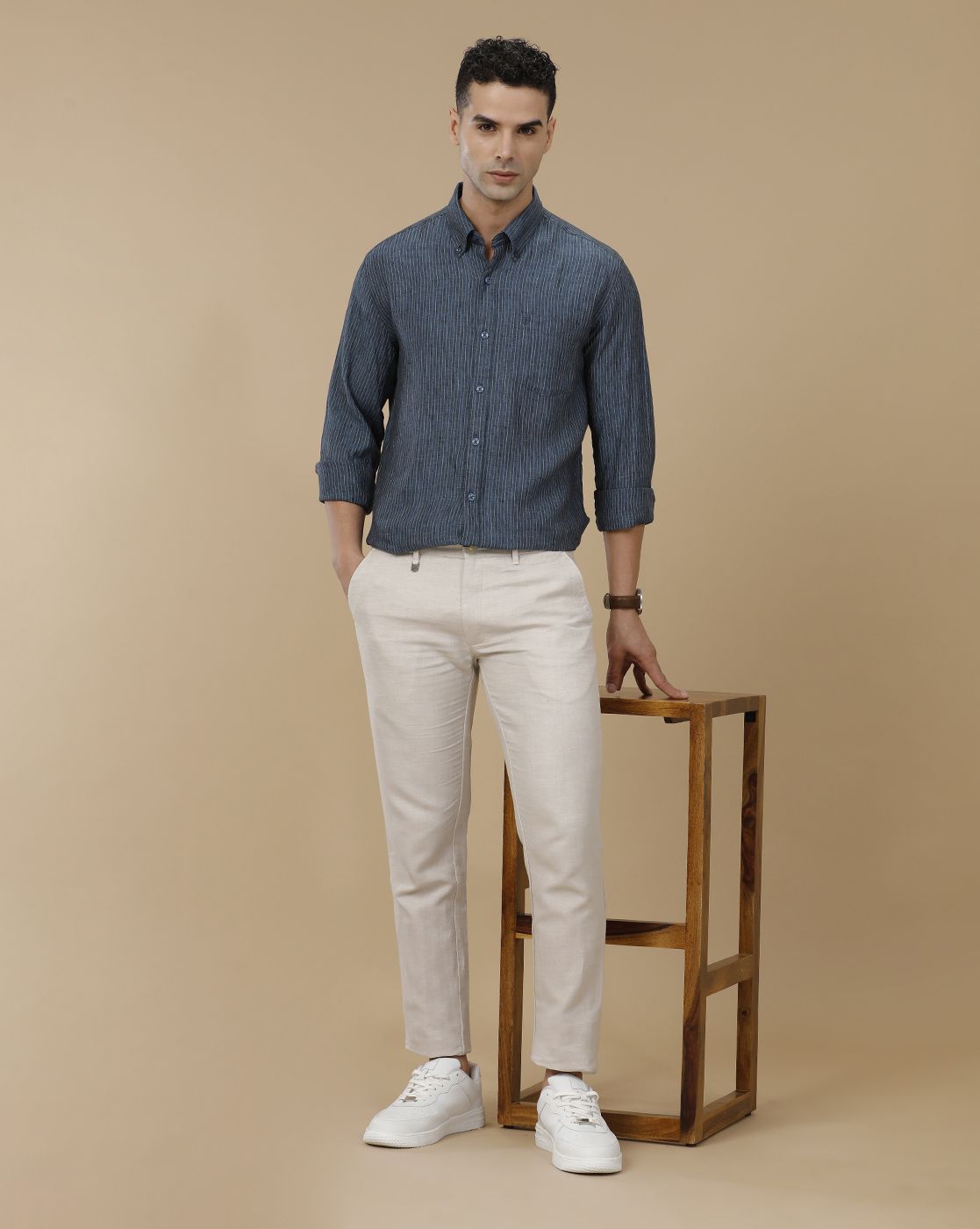 Linen Club Men's Pure Linen Blue Striped Contemporary Fit Full Sleeve Casual Shirt