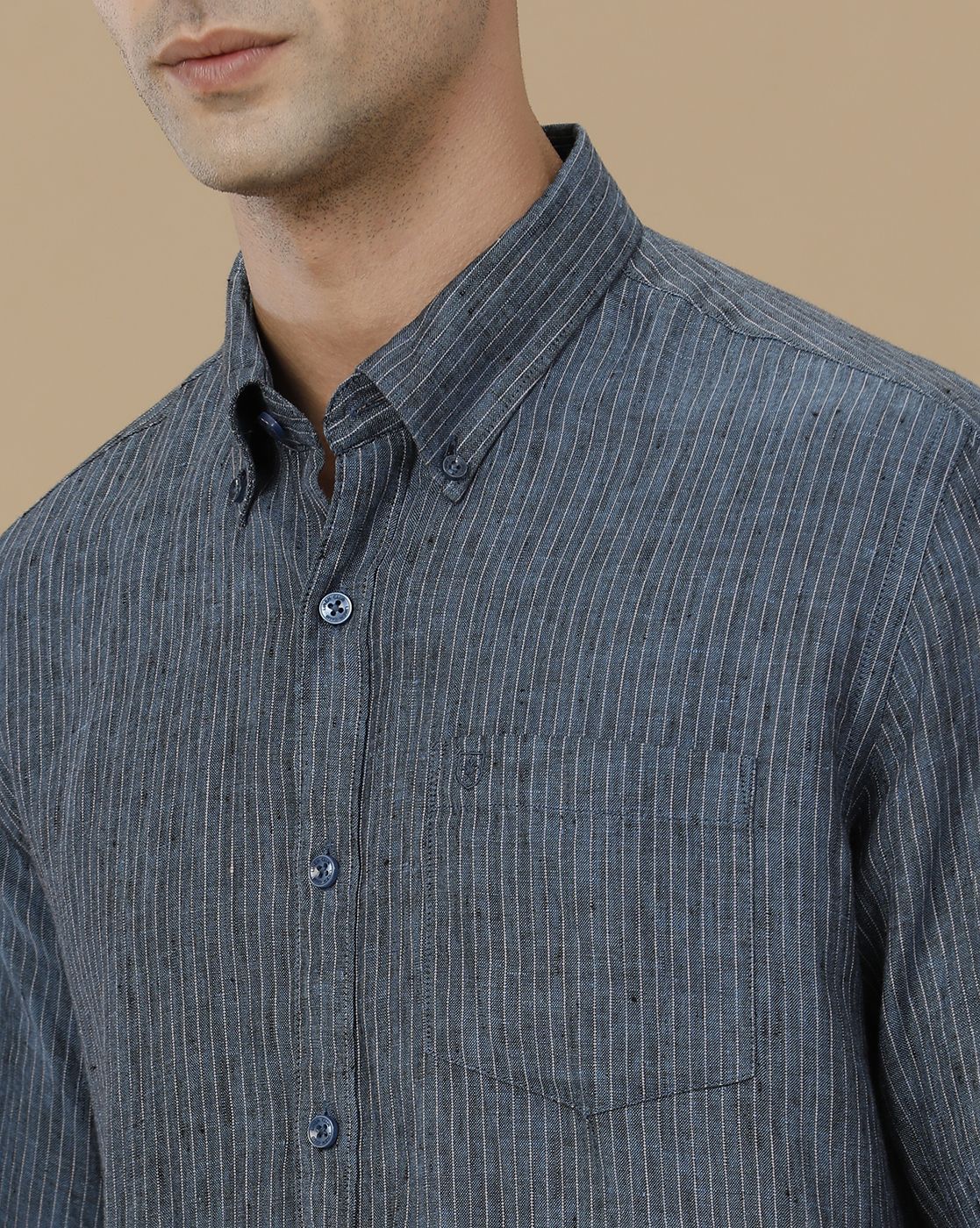 Linen Club Men's Pure Linen Blue Striped Contemporary Fit Full Sleeve Casual Shirt