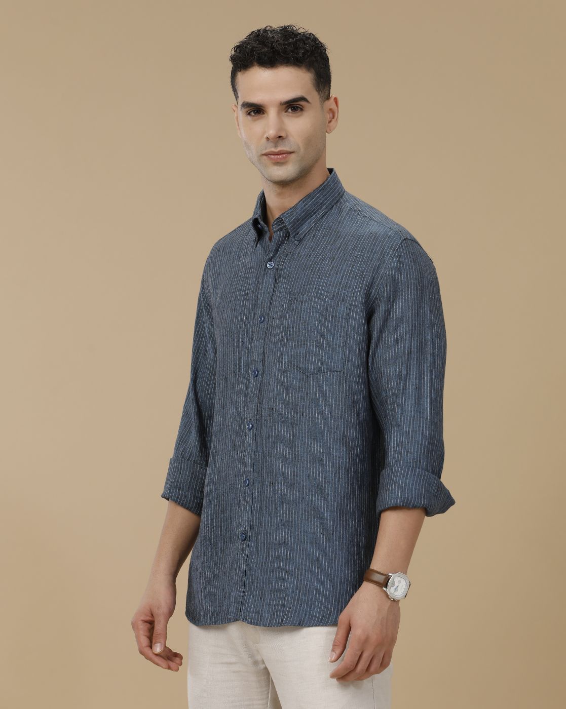 Linen Club Men's Pure Linen Blue Striped Contemporary Fit Full Sleeve Casual Shirt