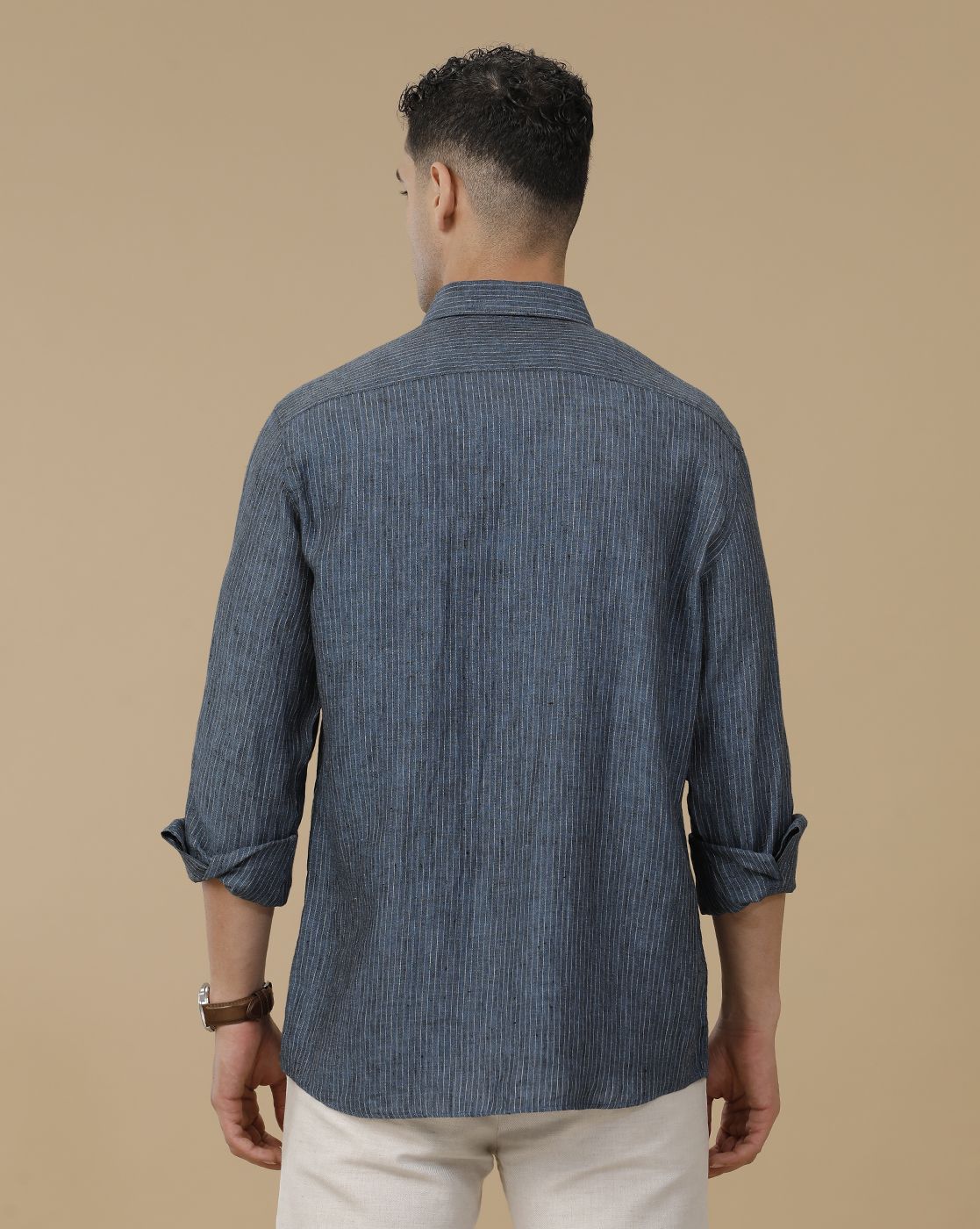 Linen Club Men's Pure Linen Blue Striped Contemporary Fit Full Sleeve Casual Shirt