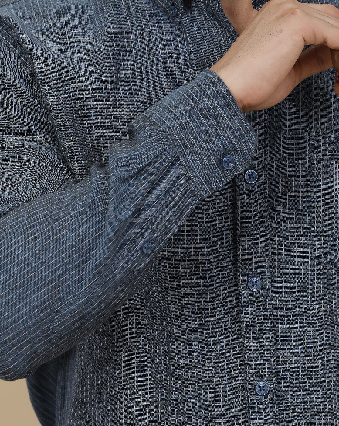 Linen Club Men's Pure Linen Blue Striped Contemporary Fit Full Sleeve Casual Shirt