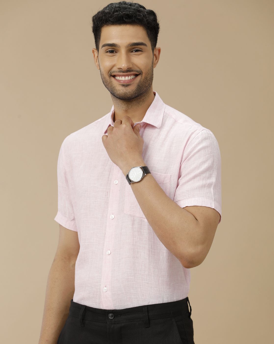 Men's Pure Linen Pink Solid Contemporary Fit Half Sleeve Casual Shirt