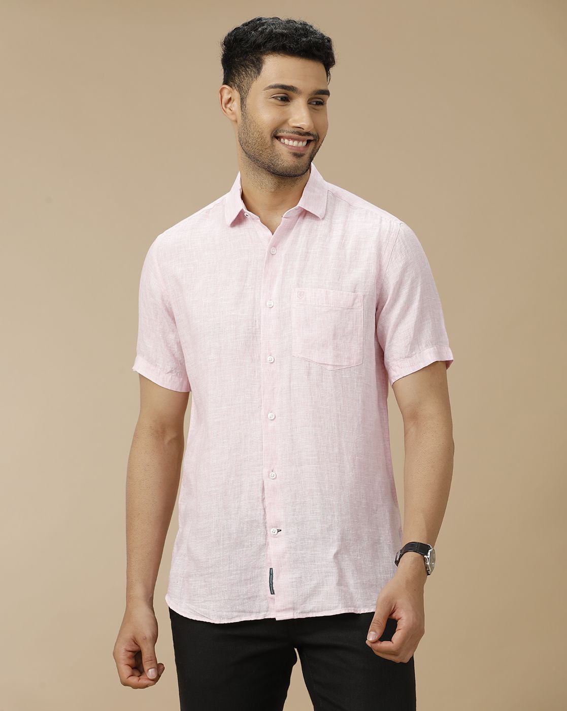 Men's Pure Linen Pink Solid Contemporary Fit Half Sleeve Casual Shirt