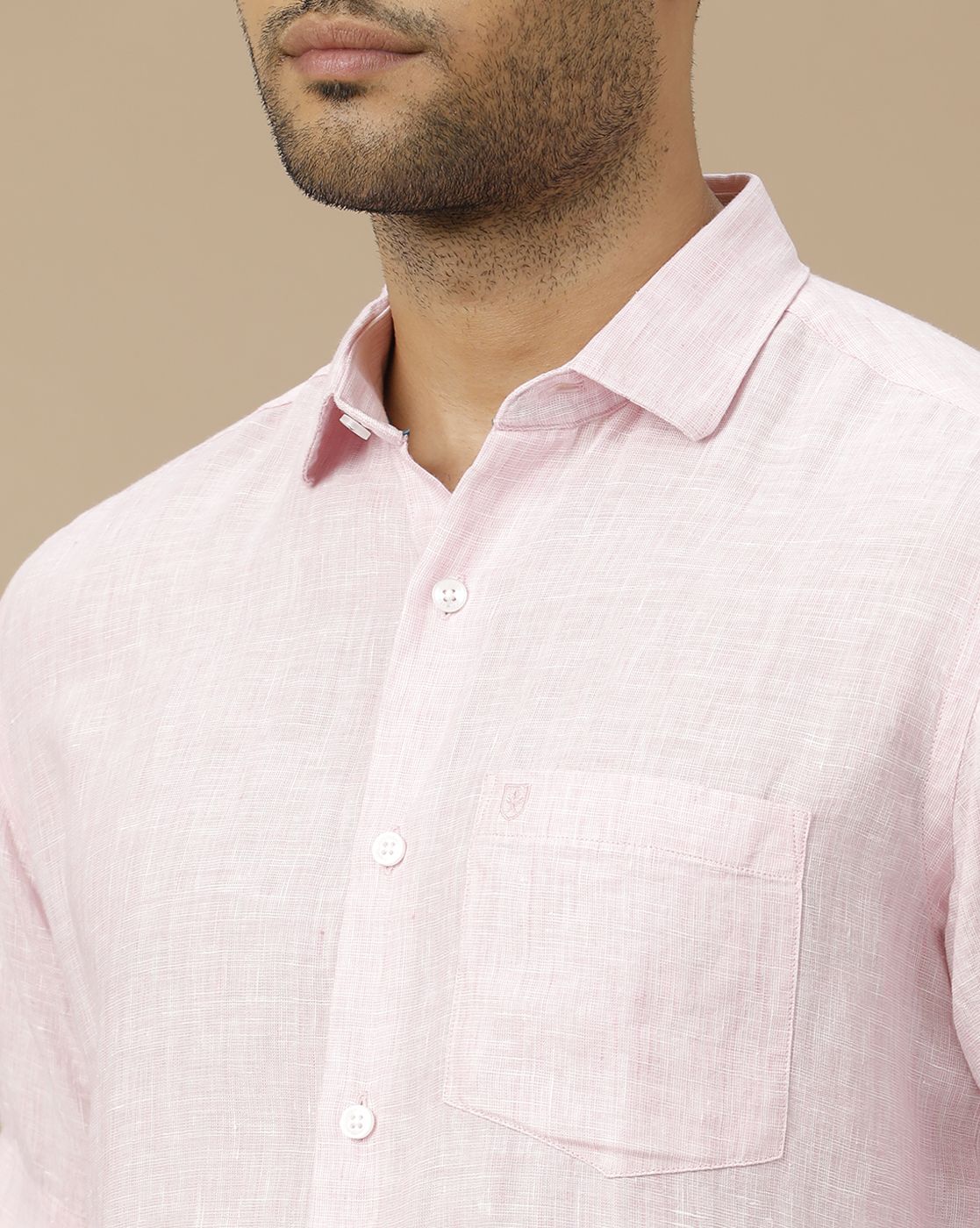 Men's Pure Linen Pink Solid Contemporary Fit Half Sleeve Casual Shirt
