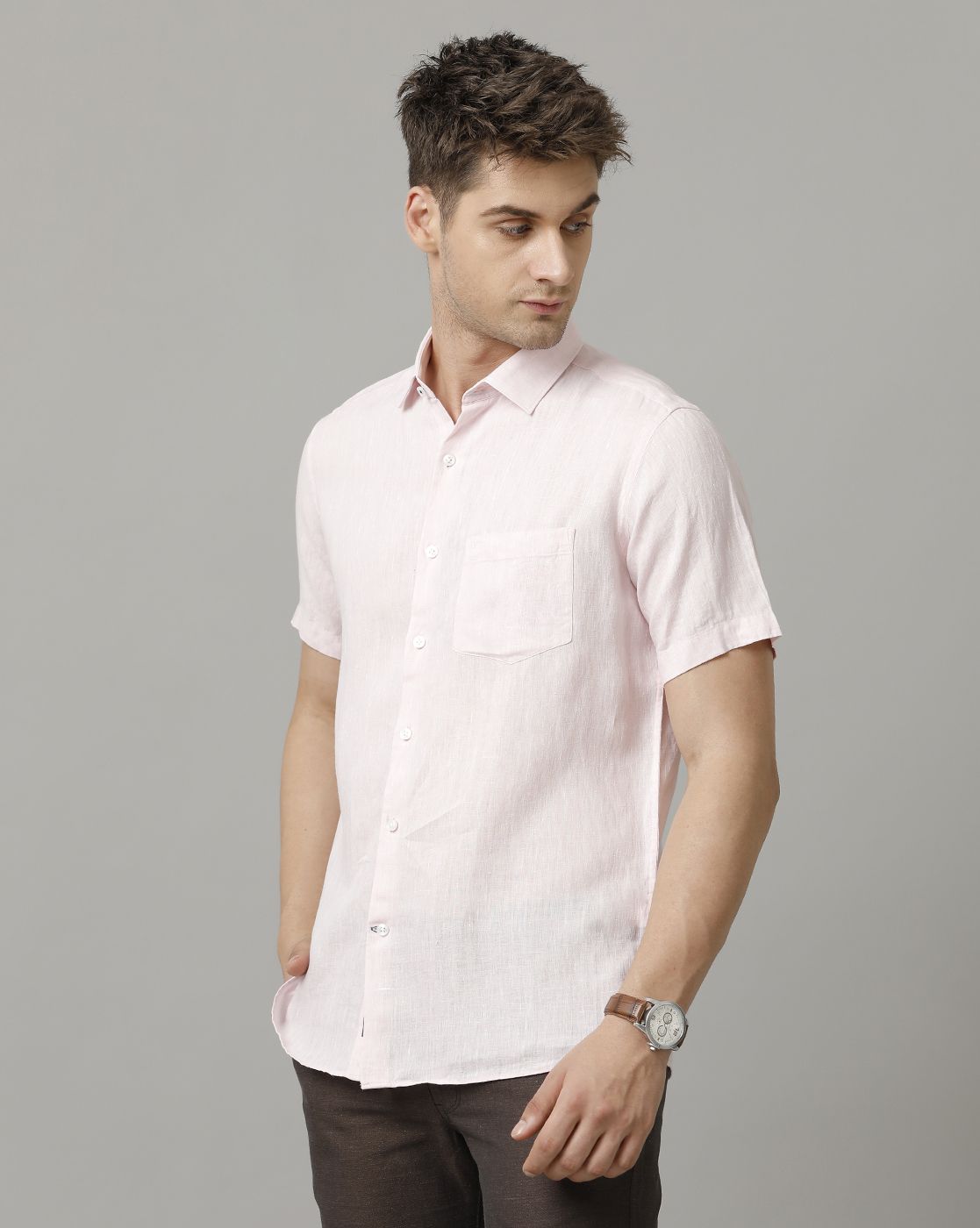 Men's Pure Linen Pink Solid Contemporary Fit Half Sleeve Casual Shirt