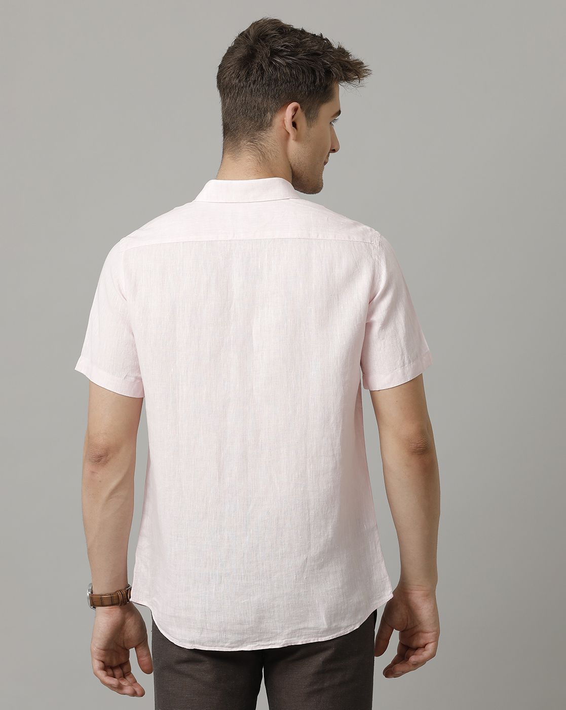 Men's Pure Linen Pink Solid Contemporary Fit Half Sleeve Casual Shirt