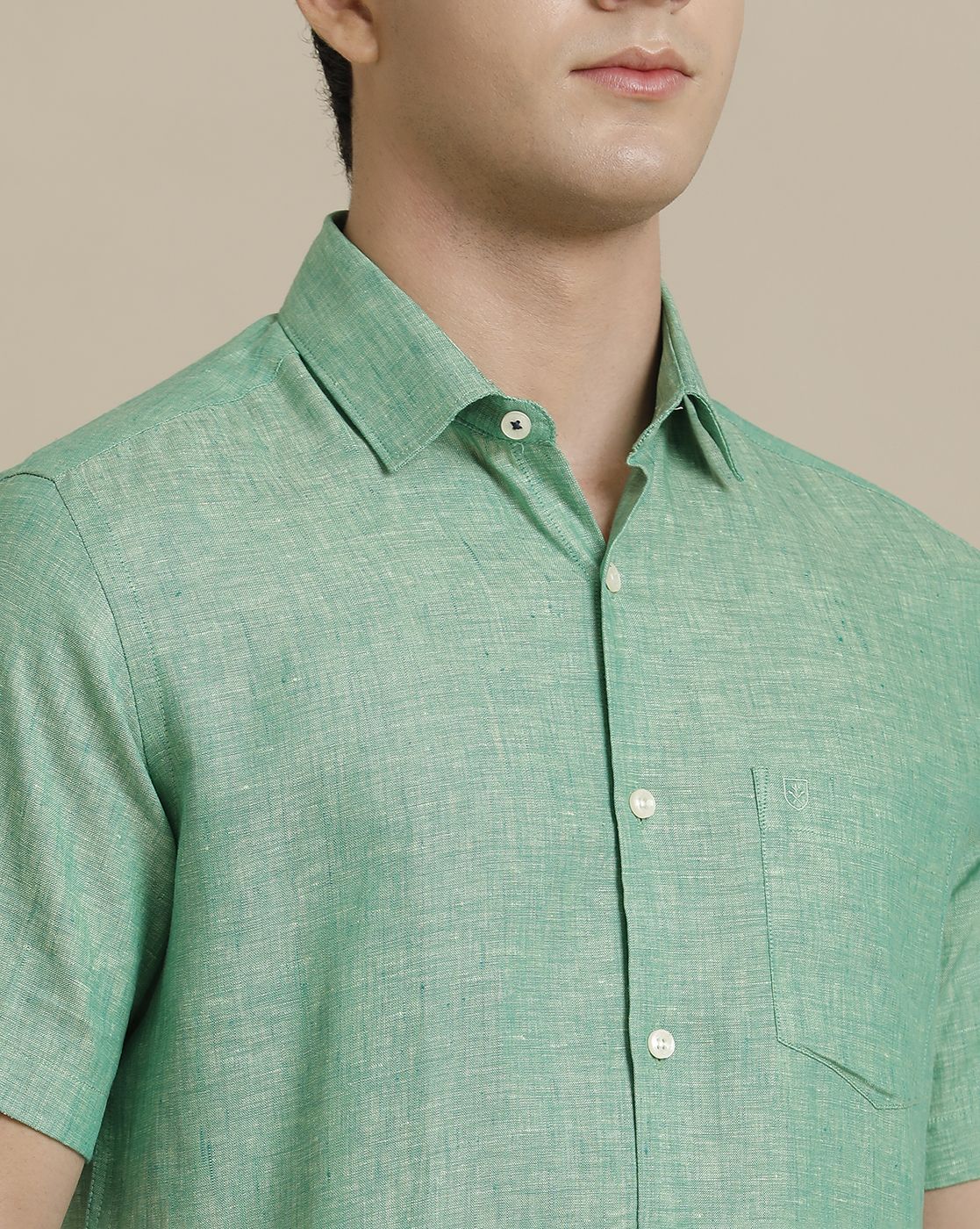 Linen Club Men's Pure Linen Green Chambray Regular Fit Half Sleeve Casual Shirt