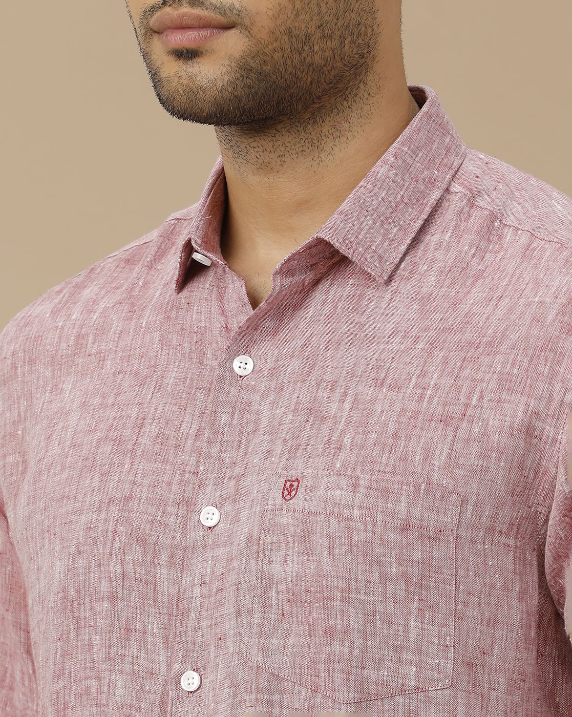 Men's Pure Linen Red Solid Contemporary Fit Half Sleeve Casual Shirt