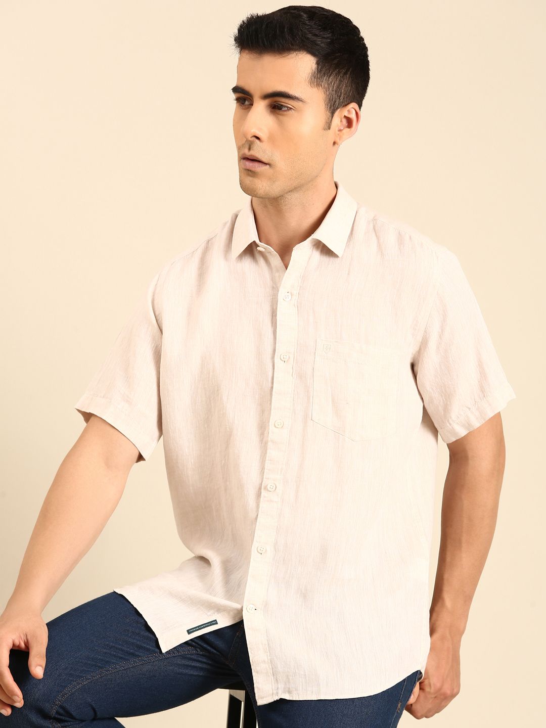 Linen Club Men's  Pure Linen Light Peach Solid Contemporary Fit Half Sleeves Casual Shirt