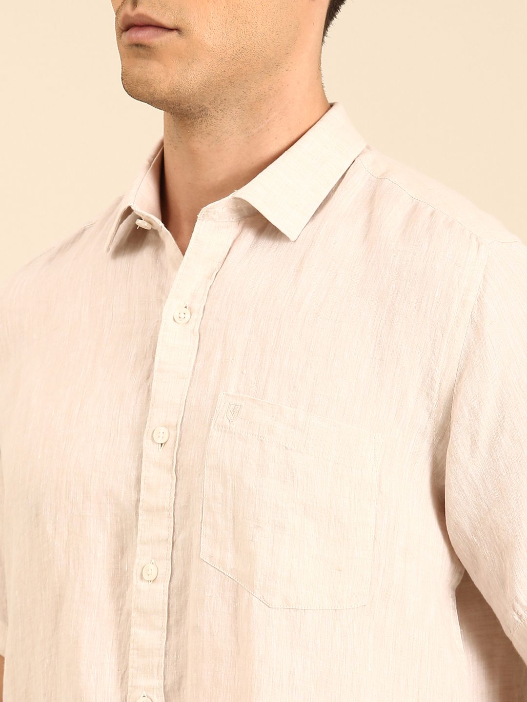 Linen Club Men's  Pure Linen Light Peach Solid Contemporary Fit Half Sleeves Casual Shirt