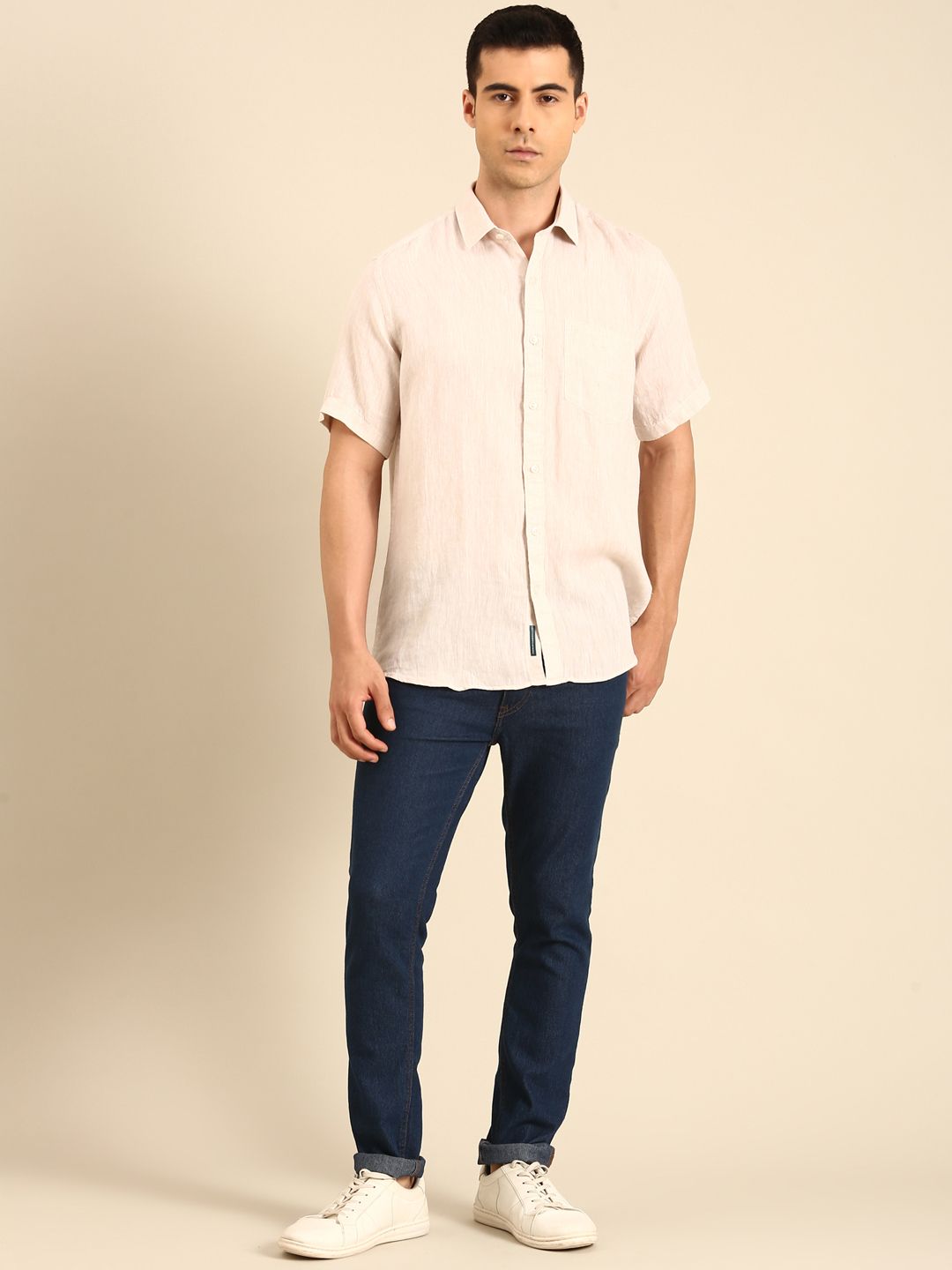 Linen Club Men's  Pure Linen Light Peach Solid Contemporary Fit Half Sleeves Casual Shirt