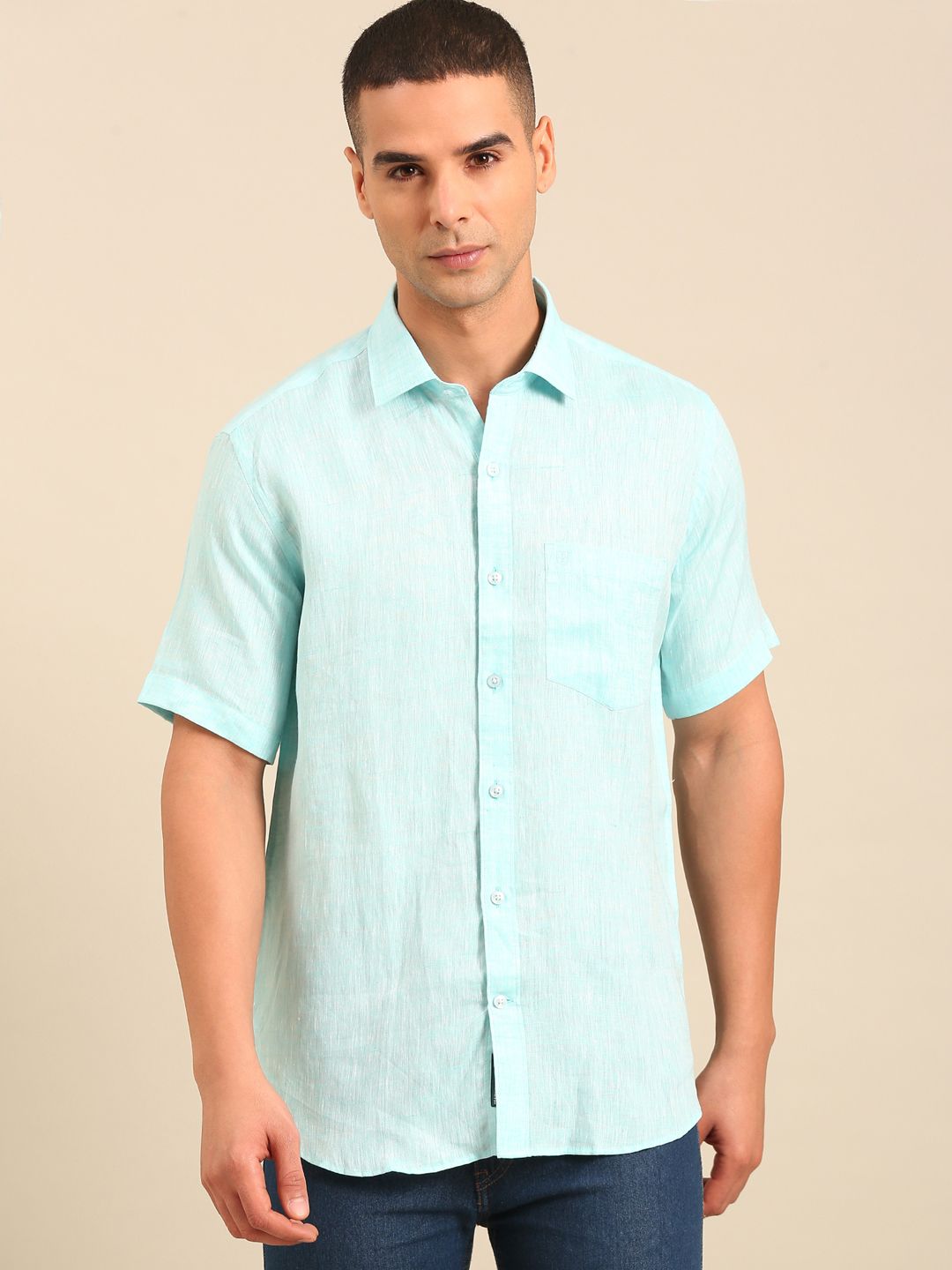 Linen Club Men's  Pure Linen Turquoise Blue Solid Contemporary Fit Half Sleeves Casual Shirt