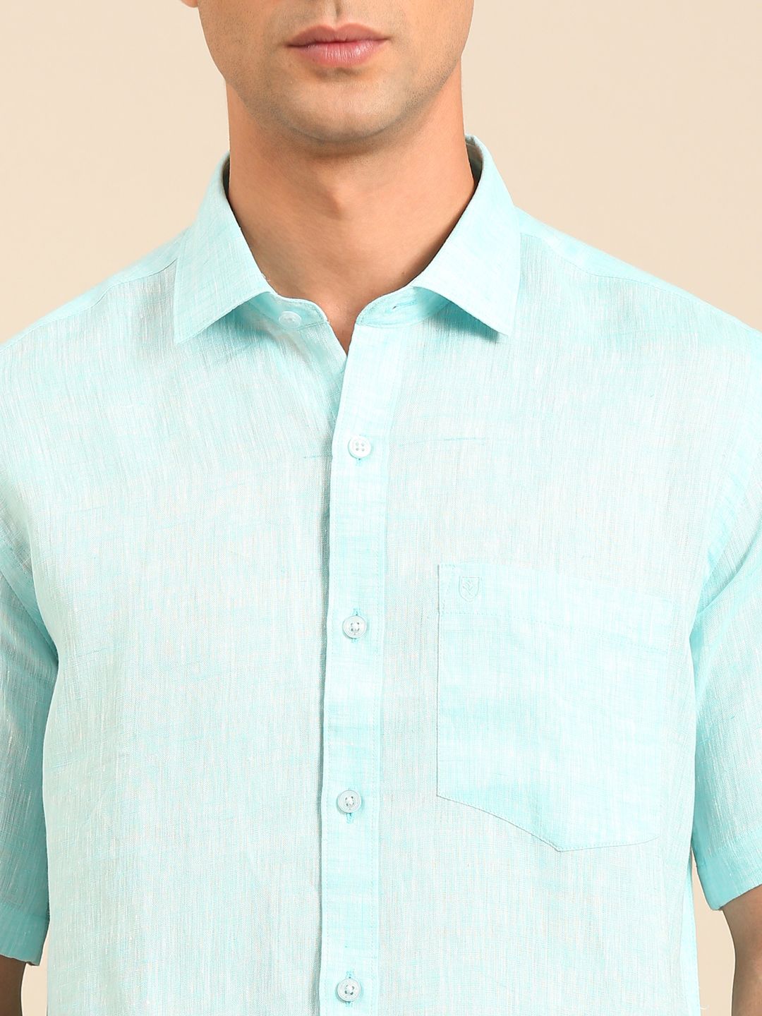 Linen Club Men's  Pure Linen Turquoise Blue Solid Contemporary Fit Half Sleeves Casual Shirt
