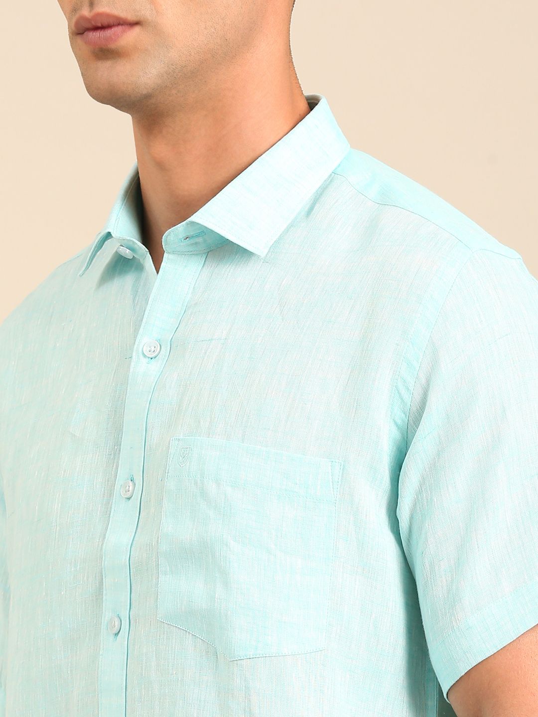 Linen Club Men's  Pure Linen Turquoise Blue Solid Contemporary Fit Half Sleeves Casual Shirt