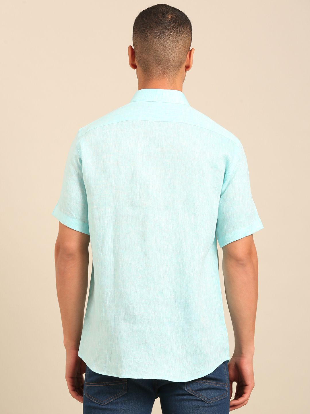 Linen Club Men's  Pure Linen Turquoise Blue Solid Contemporary Fit Half Sleeves Casual Shirt
