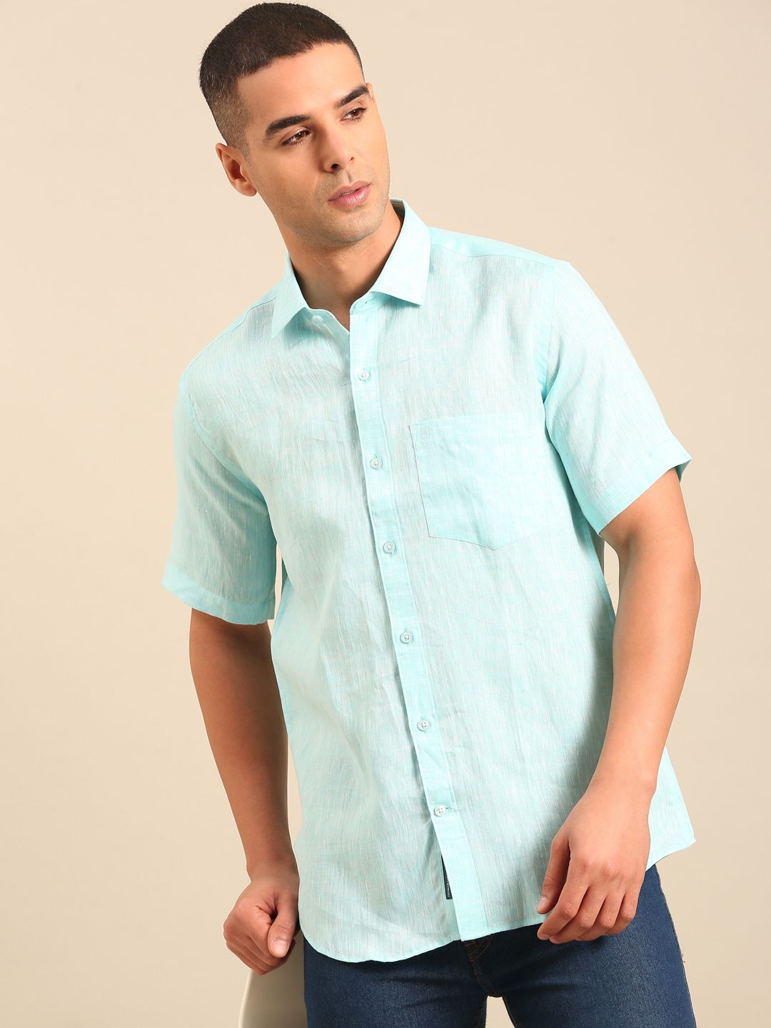 Linen Club Men's  Pure Linen Turquoise Blue Solid Contemporary Fit Half Sleeves Casual Shirt