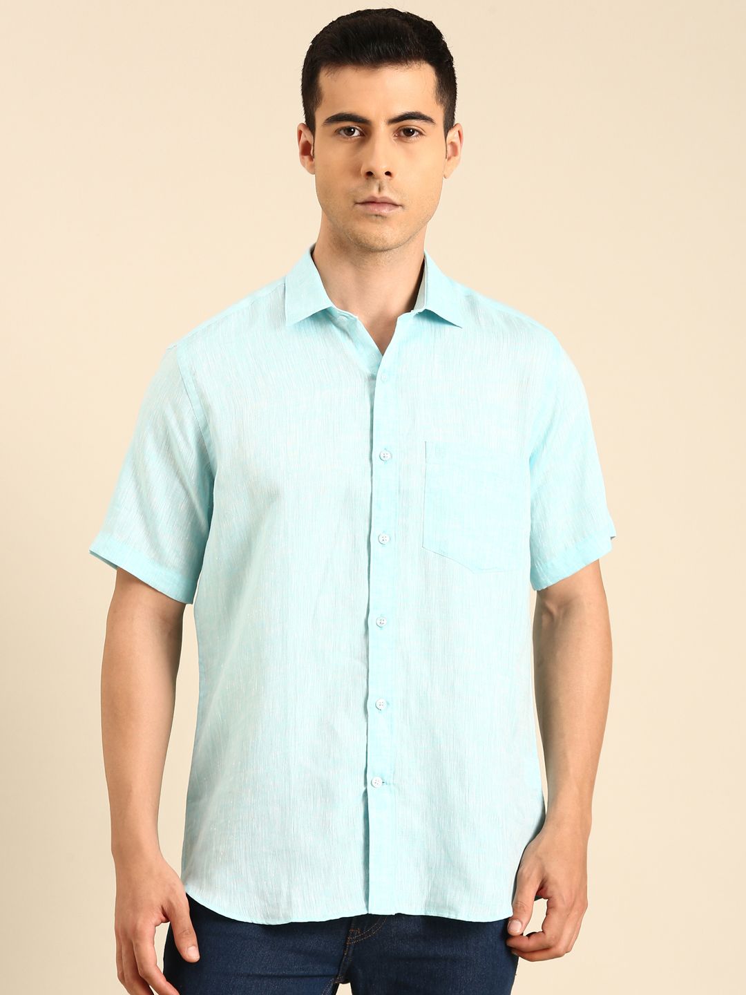 Linen Club Men's  Pure Linen Turquoise Blue Solid Contemporary Fit Half Sleeves Casual Shirt