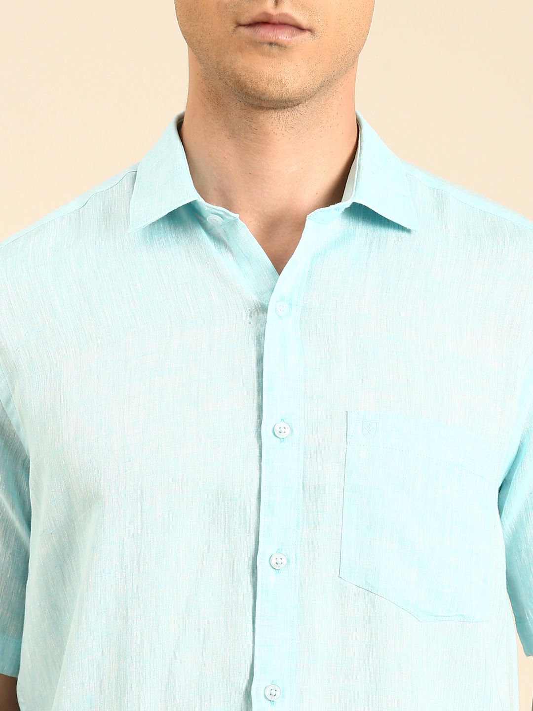 Linen Club Men's  Pure Linen Turquoise Blue Solid Contemporary Fit Half Sleeves Casual Shirt