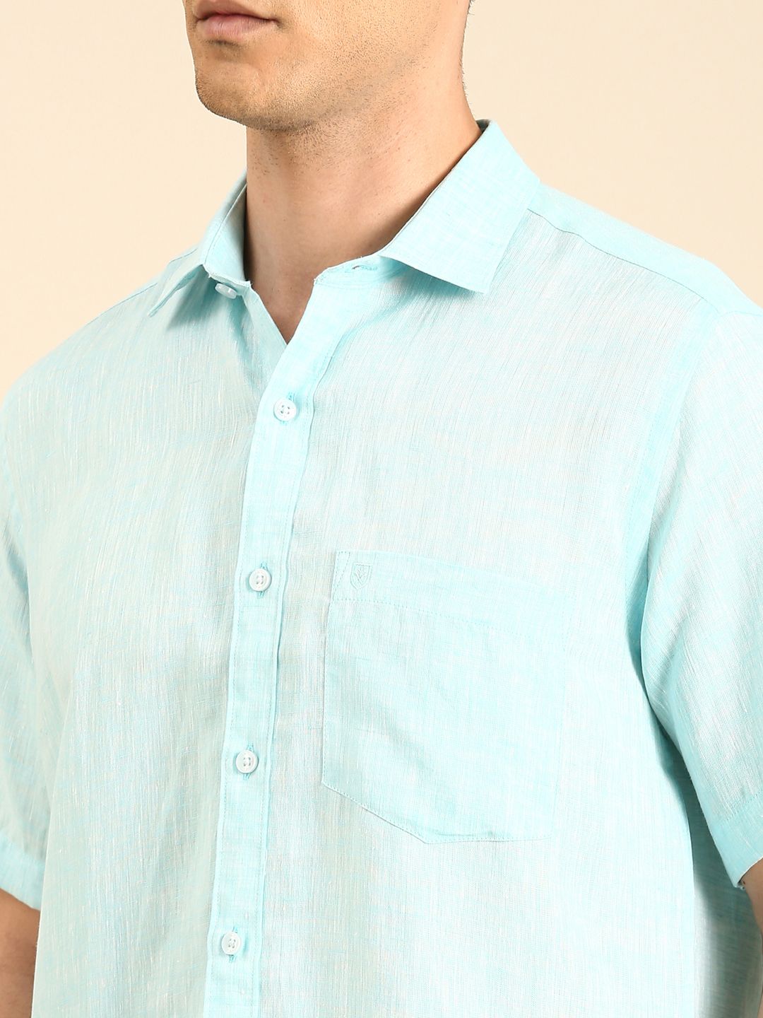 Linen Club Men's  Pure Linen Turquoise Blue Solid Contemporary Fit Half Sleeves Casual Shirt