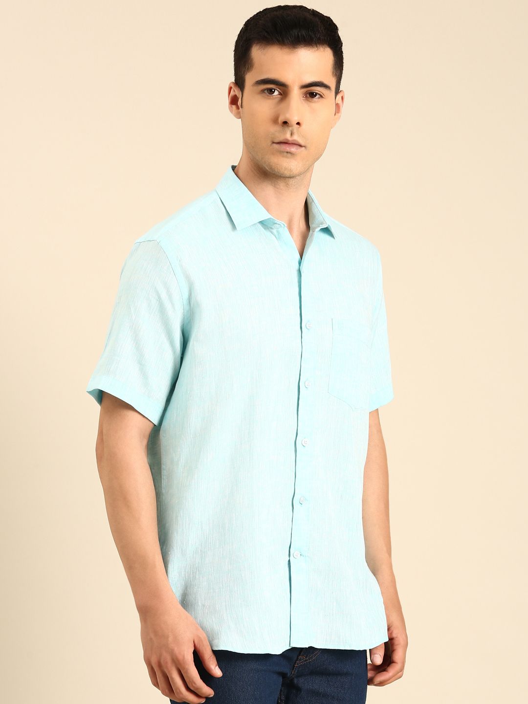 Linen Club Men's  Pure Linen Turquoise Blue Solid Contemporary Fit Half Sleeves Casual Shirt