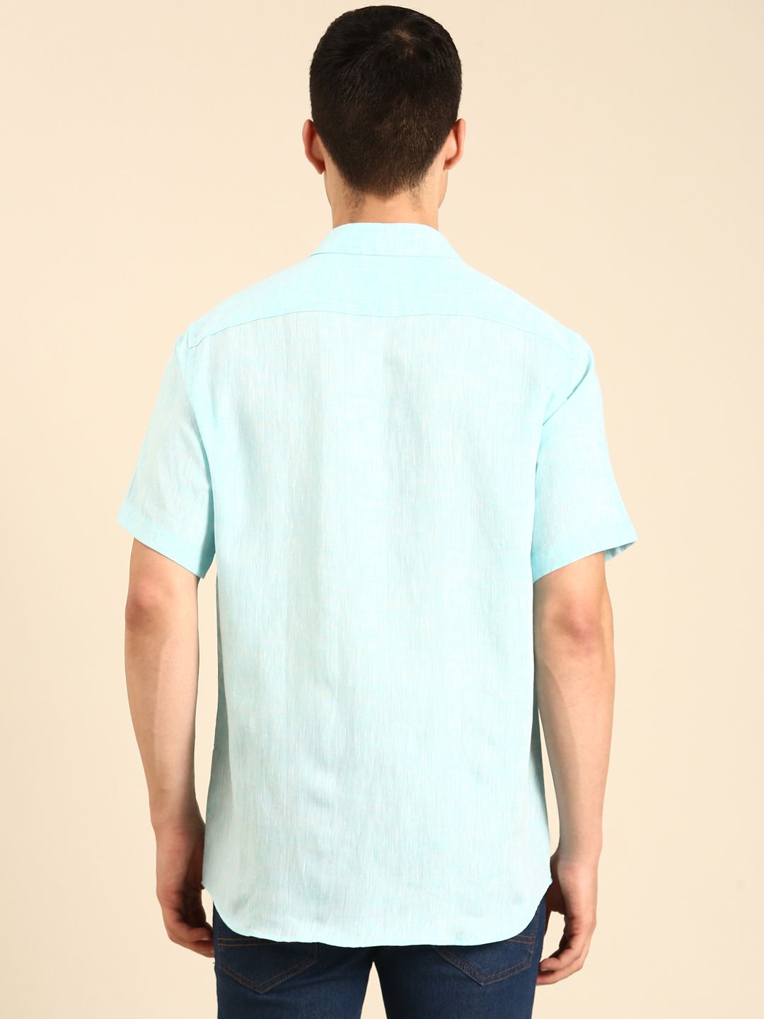 Linen Club Men's  Pure Linen Turquoise Blue Solid Contemporary Fit Half Sleeves Casual Shirt