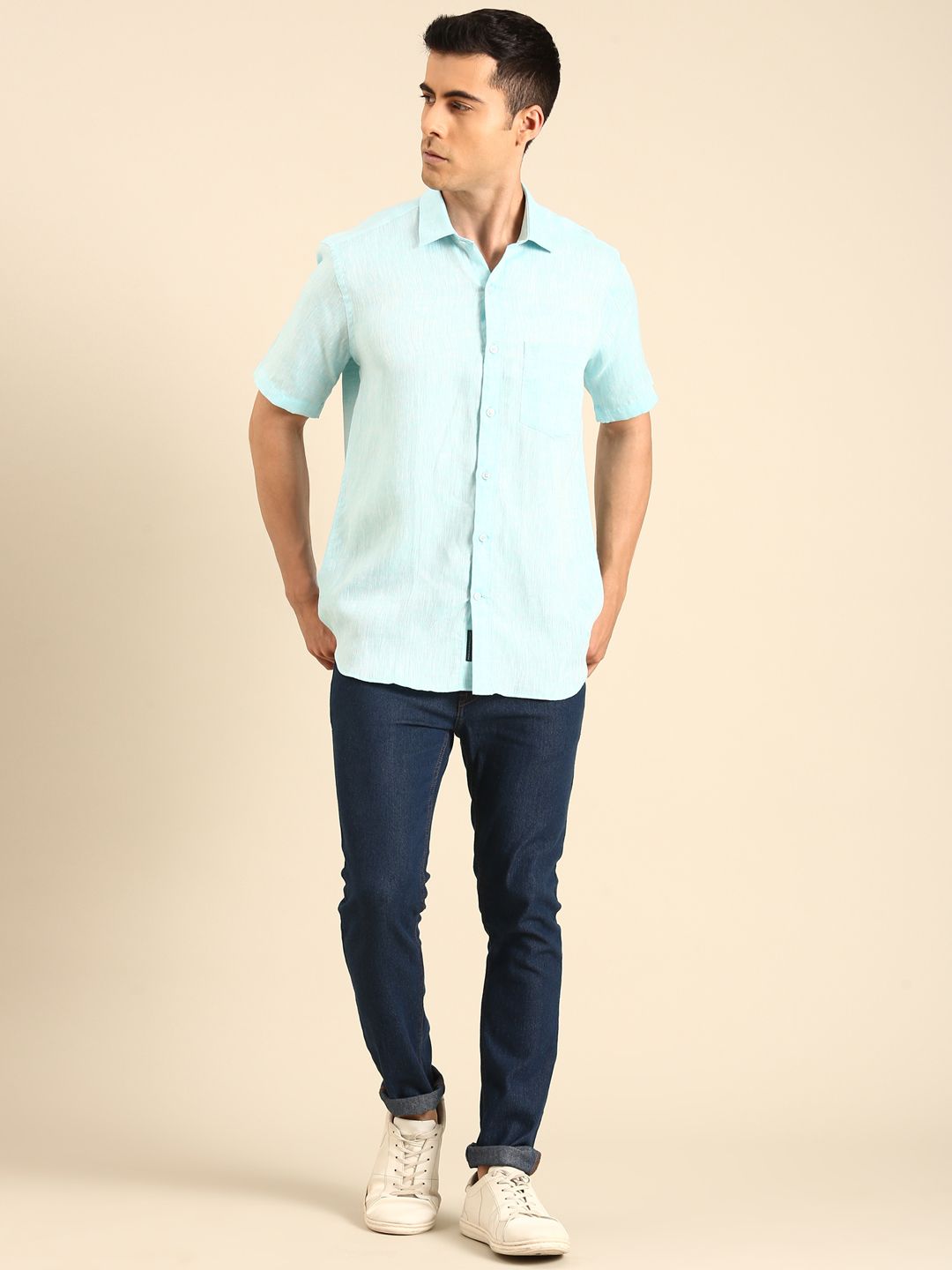 Linen Club Men's  Pure Linen Turquoise Blue Solid Contemporary Fit Half Sleeves Casual Shirt