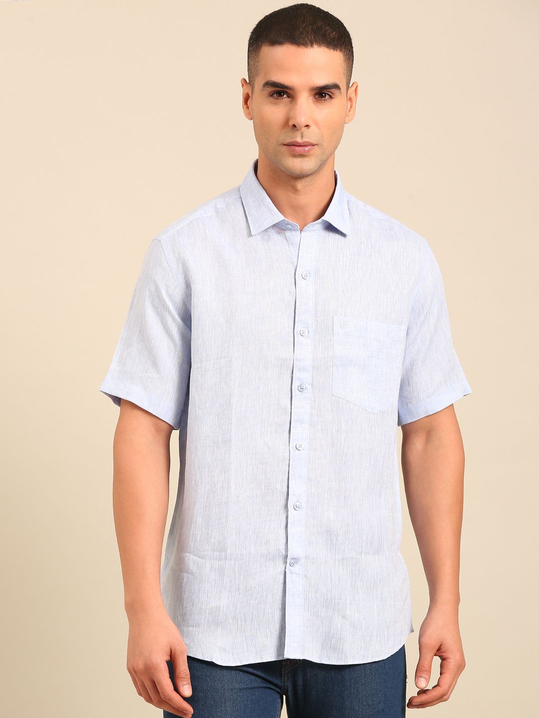 Linen Club Men's Linen Blend Lavender Solid Contemporary Fit Half Sleeves Casual Shirt